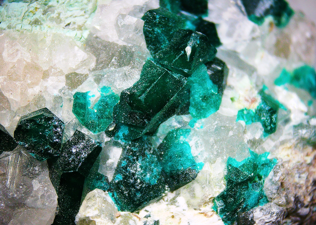 Dioptase on Quartz Matrix - Kaokoveld, Namibia