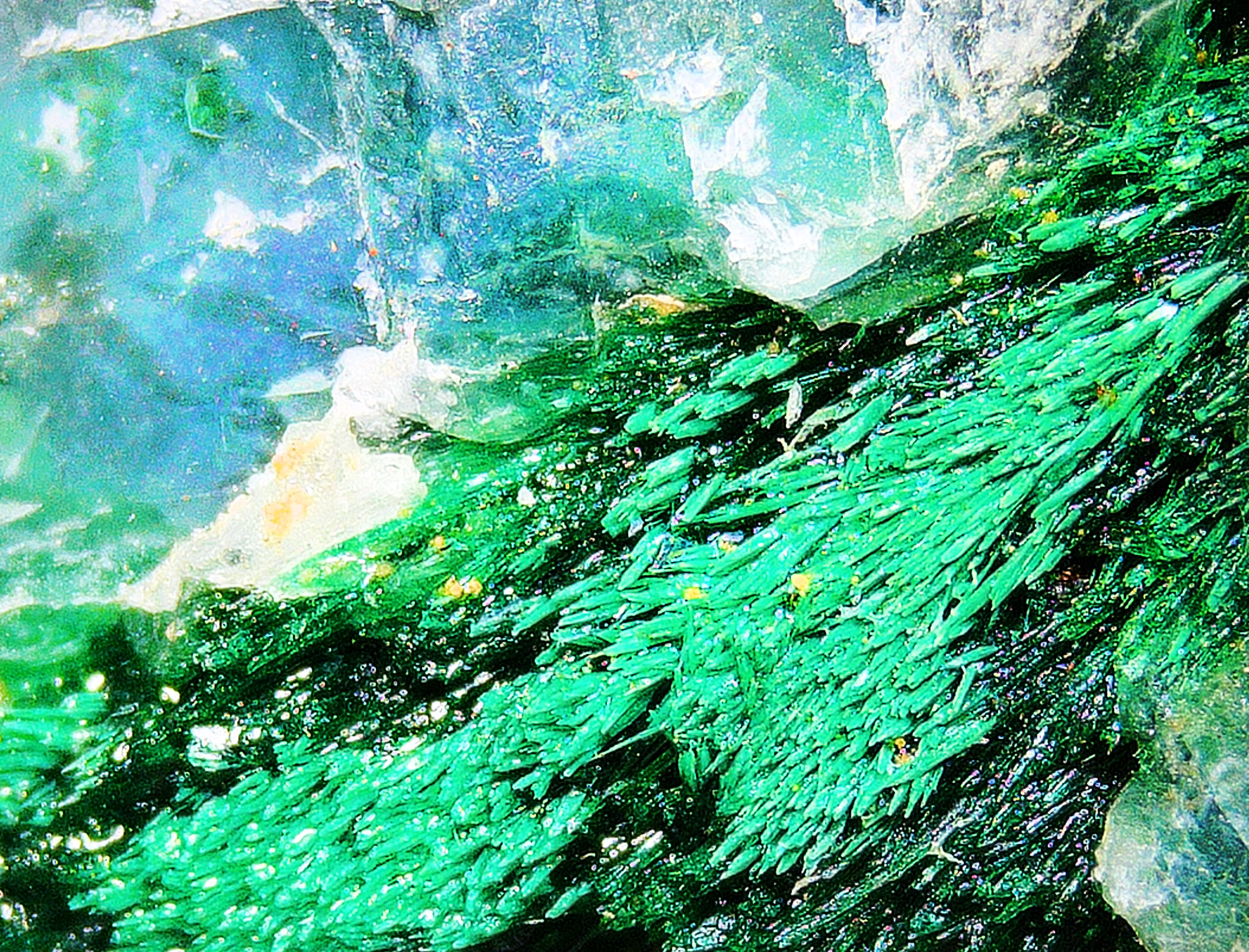 Dioptase with Malachite on Quartz Matrix - Kaokoveld, Namibia