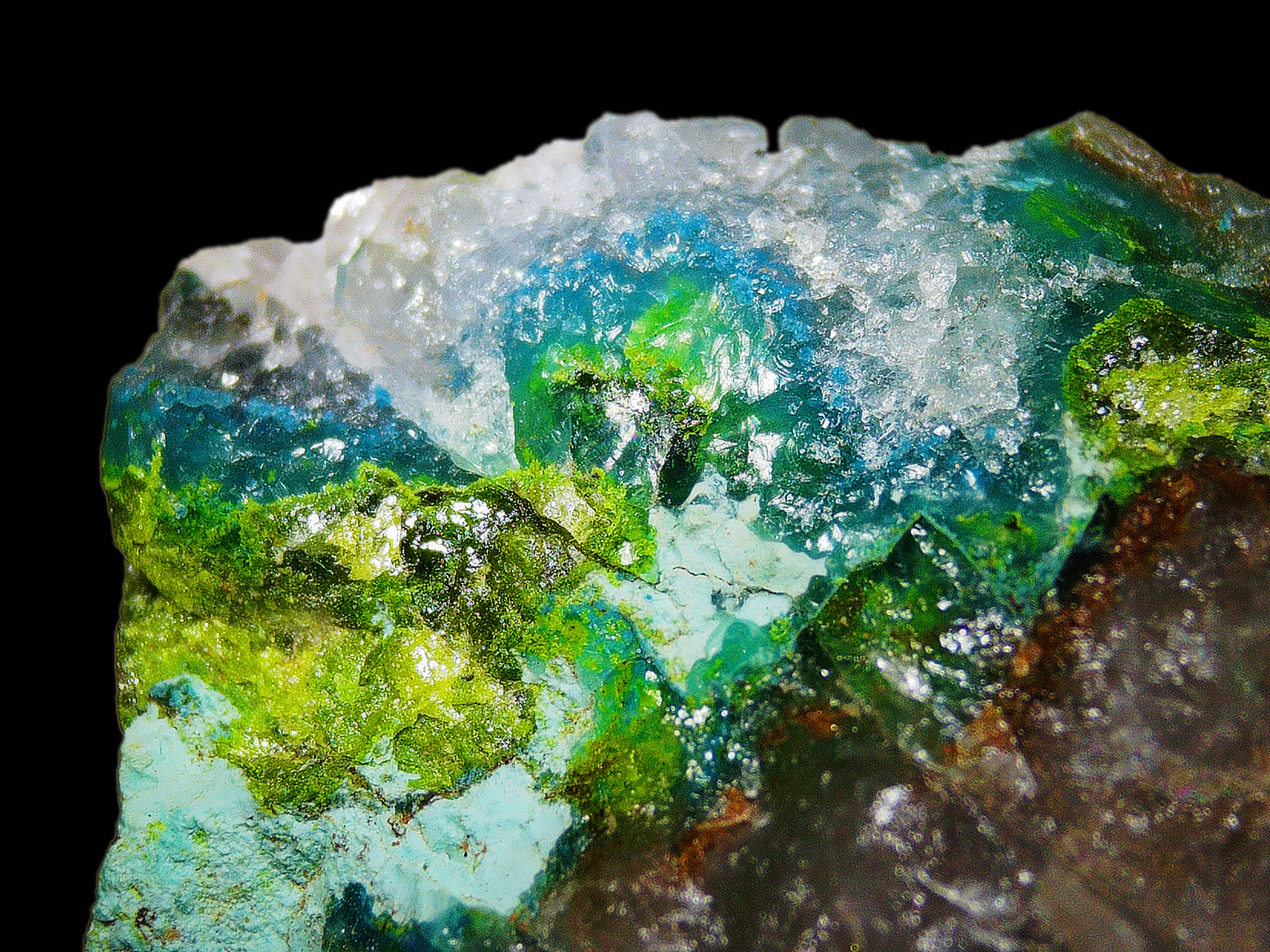 Chrysocolla–Azurite–Malachite on Quartz Matrix - Kaokoveld, Namibia