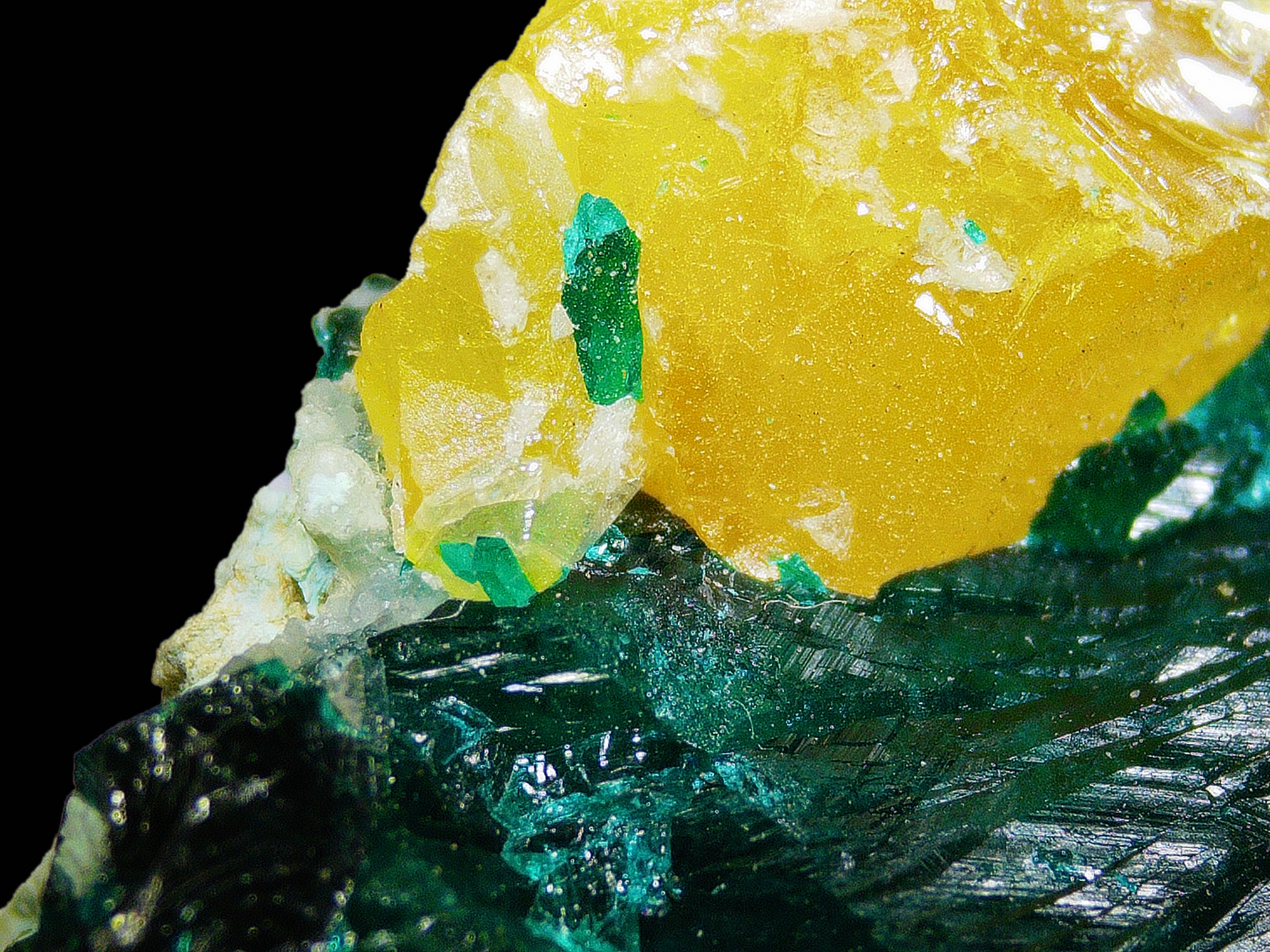 Chrysocolla–Malachite with Yellow Calcite on Matrix - Kaokoveld, Namibia